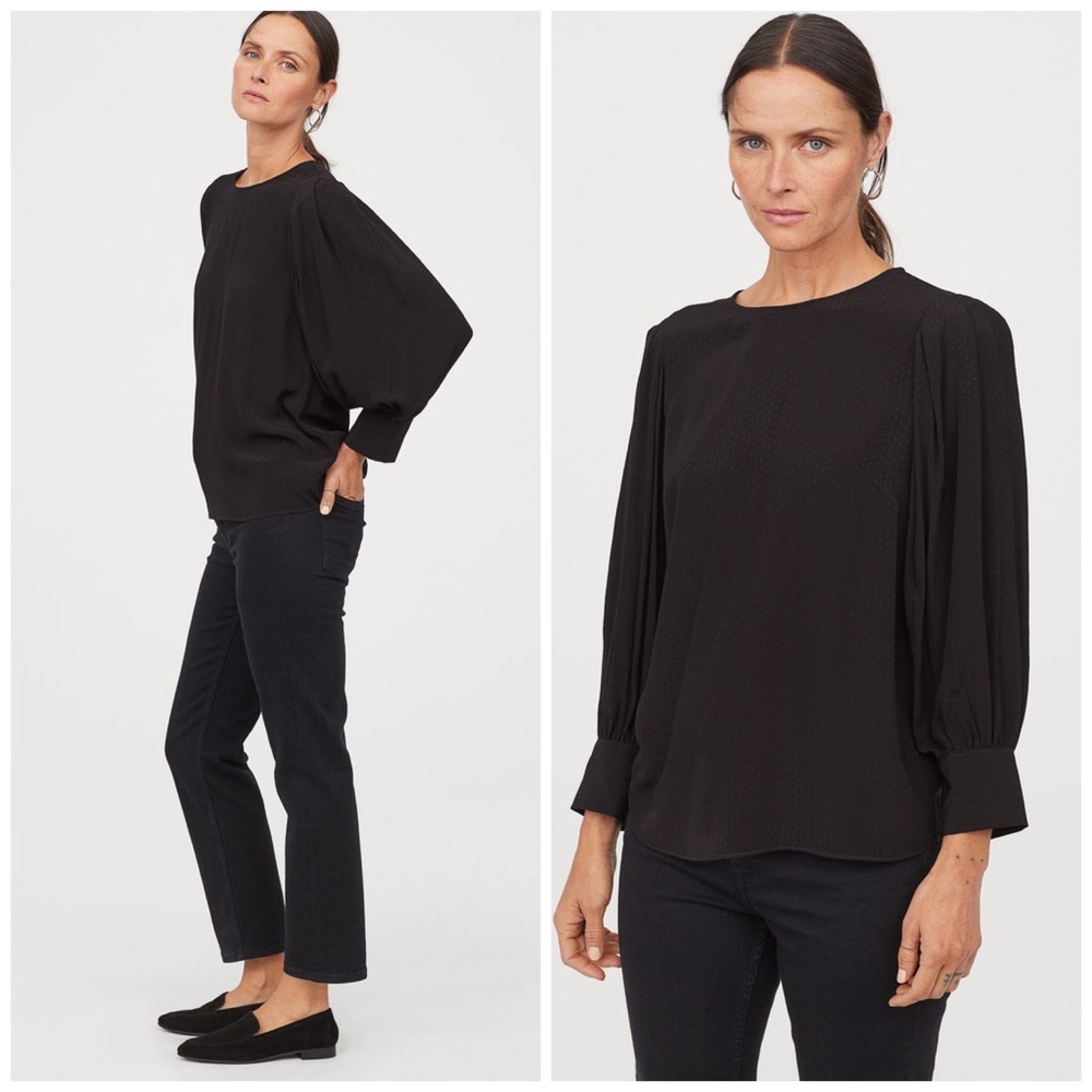 H&M Balloon Sleeve Blouse Black Textured Buttoned Cuffs Round Neckline Size 8